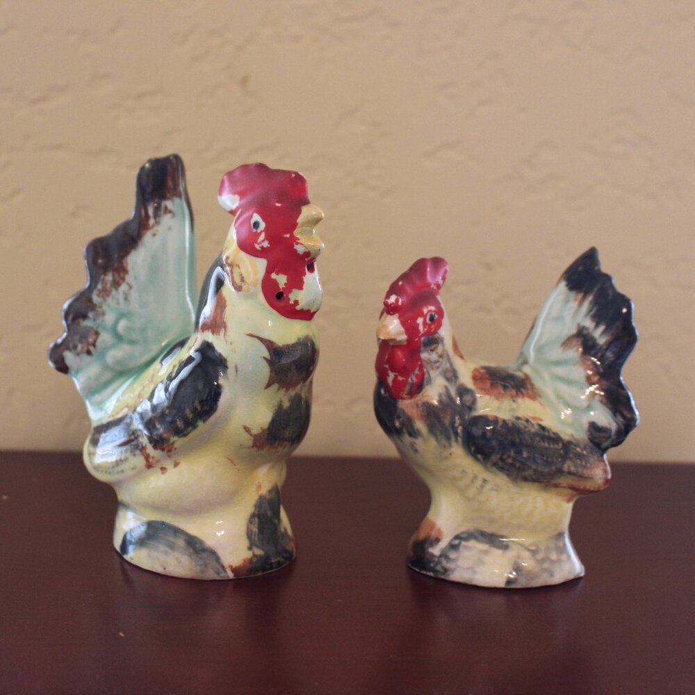 Vintage Colorful Ceramic Rooster and Hen Salt and Pepper Shakers